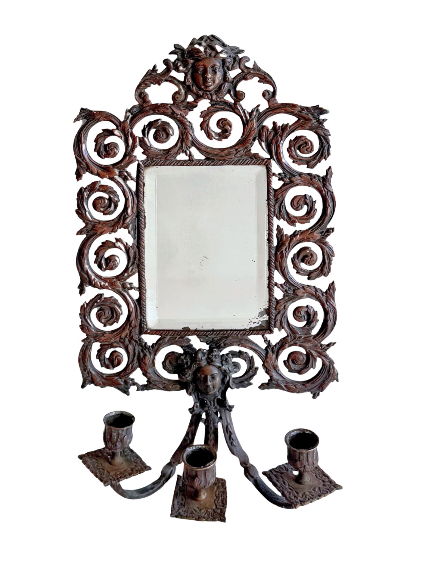 Antique French bronze wall mirror w/ sconces