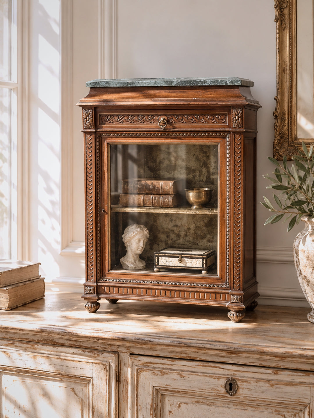 French Curio Cabinet Table Vitrine w/ Marble Top, Henri II Period