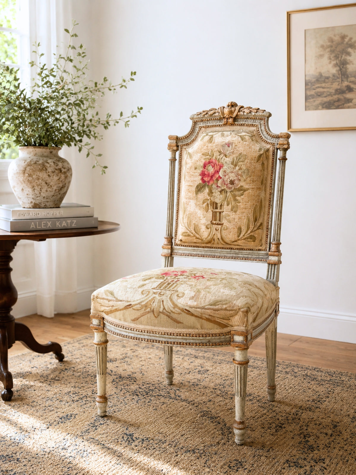 French Louis XVI Chair with Floral Gobelin Tapestry Upholstery
