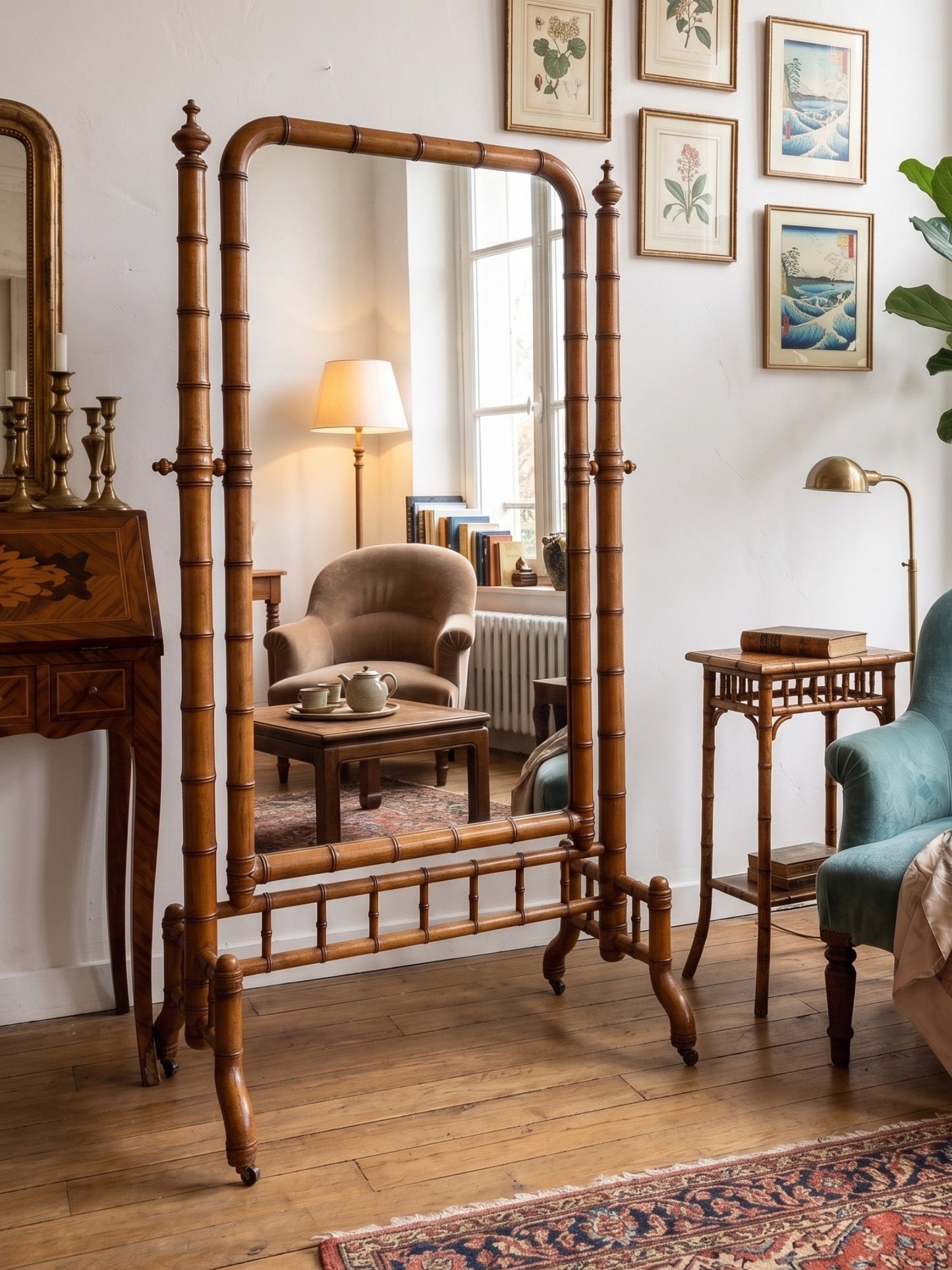 French Napoleon III Faux Bamboo Cheval Mirror