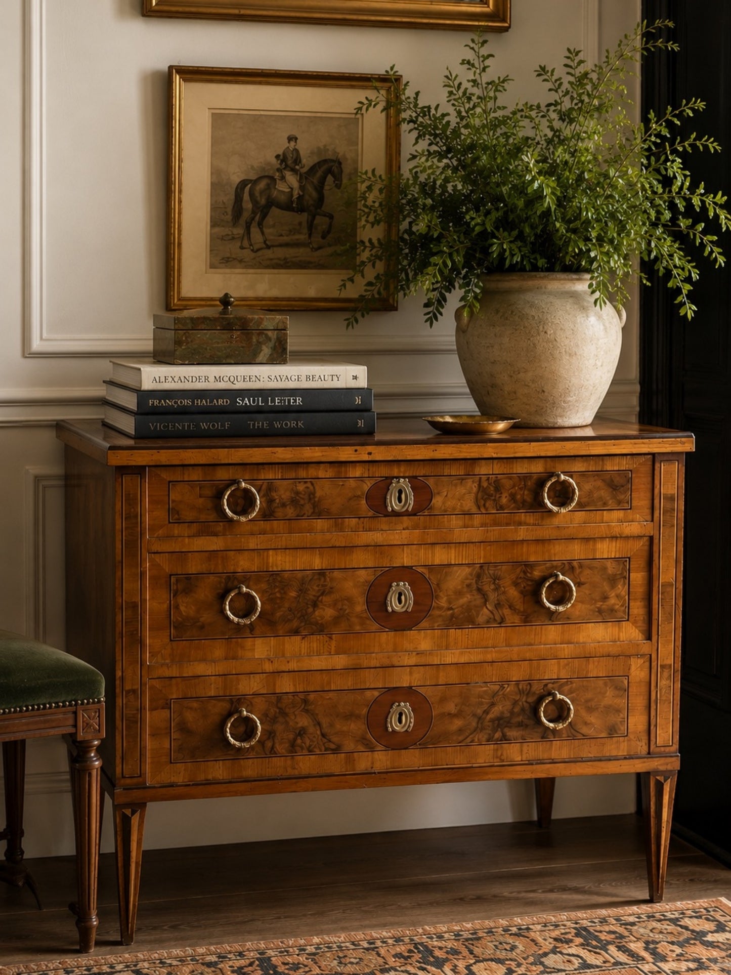 French Louis XVI Neoclassical Walnut Commode w/ Marquetry Inlay