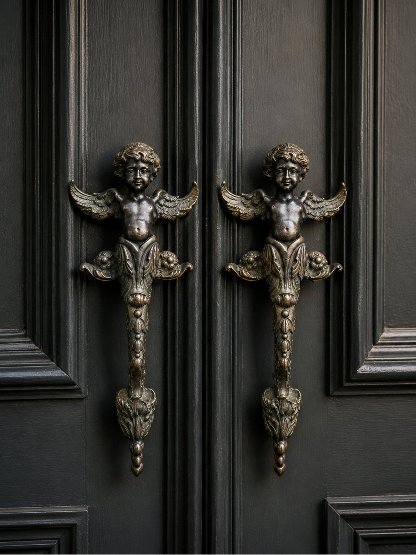 Pair of antique French solid bronze door handles