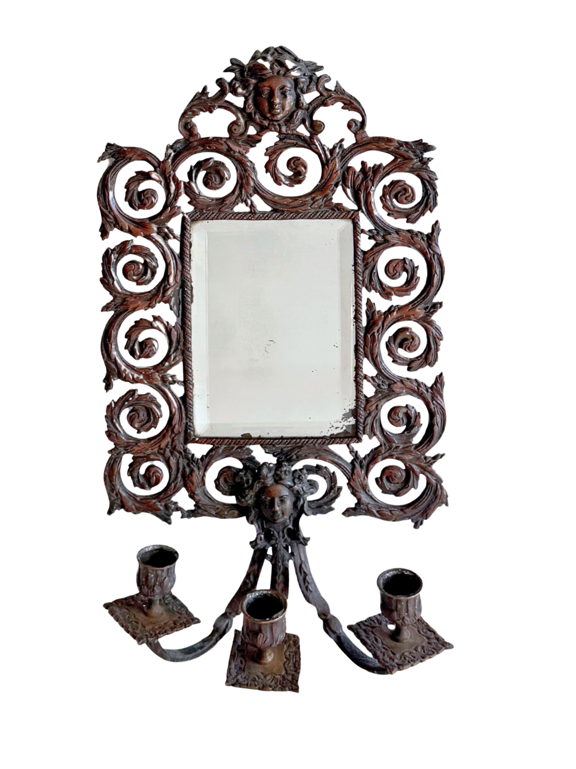 Antique French bronze wall mirror w/ sconces
