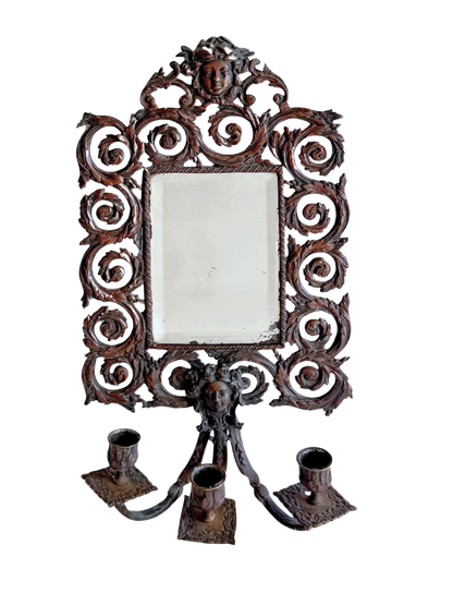 Antique French bronze wall mirror w/ sconces