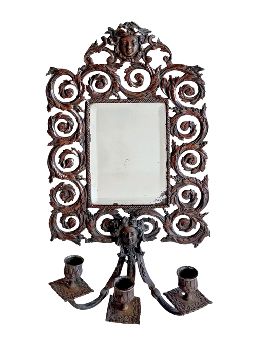 Antique French bronze wall mirror w/ sconces