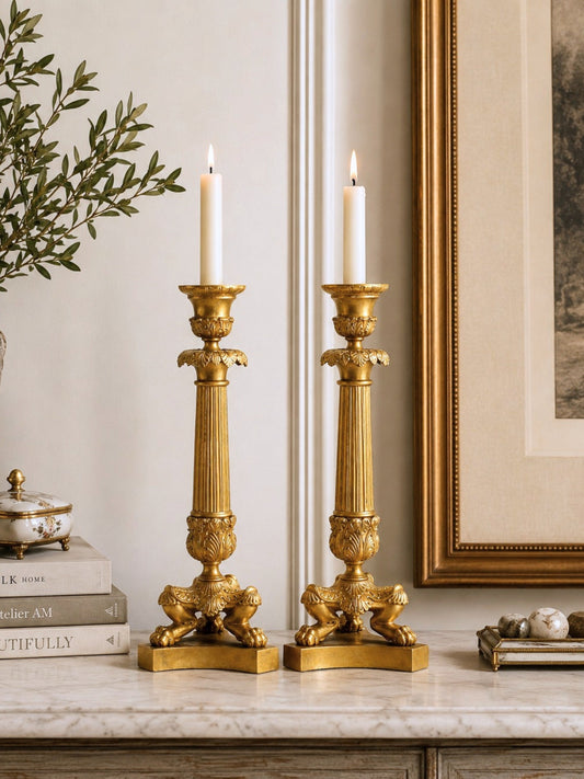 Pair of French Empire Ormolu Candlesticks with Lion Paw Feet