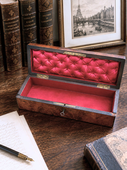 Victorian Burr Walnut Glove Box w/ Original Tufted Silk Interior