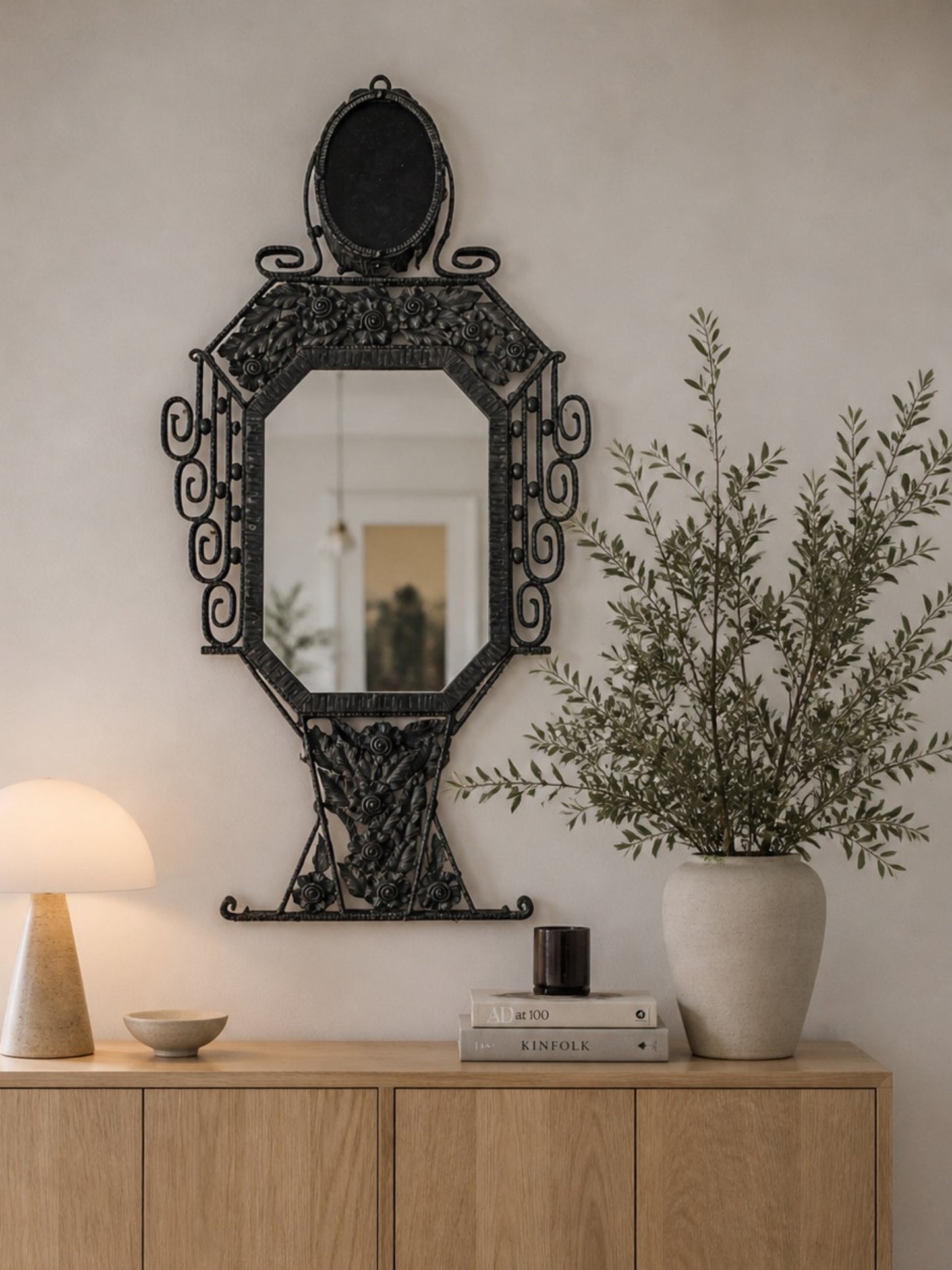 Rare Belgian Art Déco iron mirror w/ lamp
