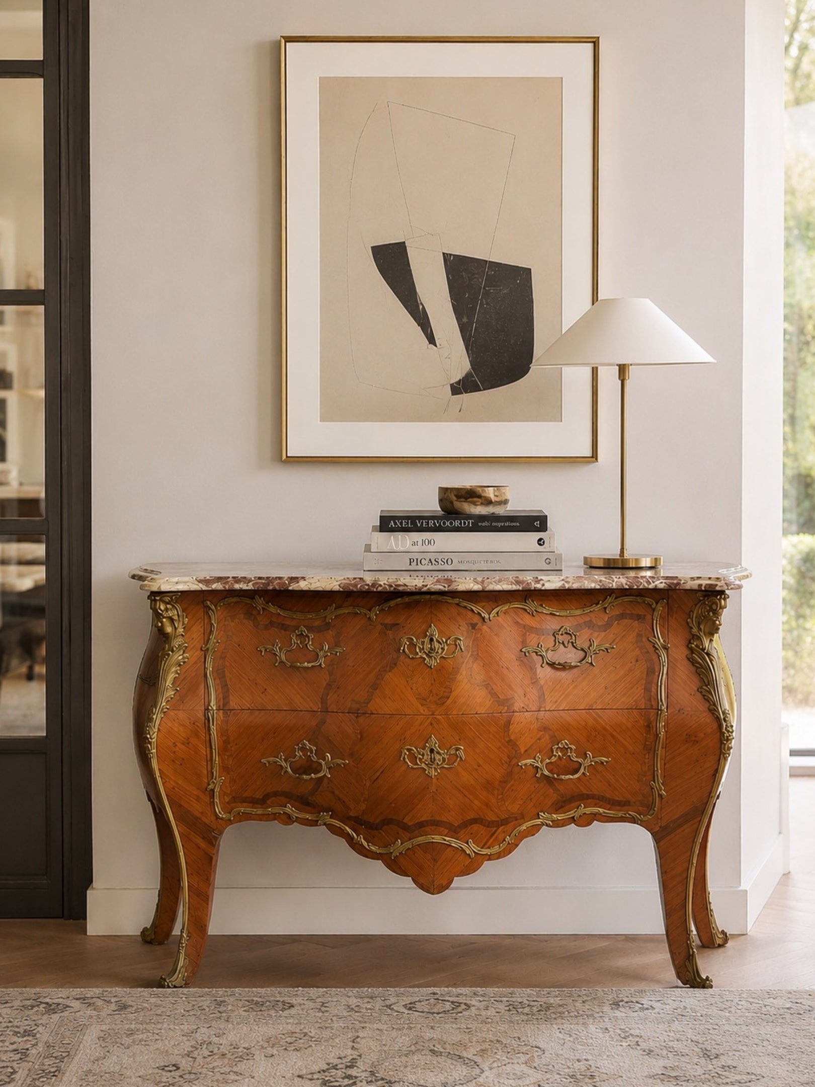 Original French Louis XV Bombe Commode in Kingwood & Satinwood with Marble Top, c. 1755–1775