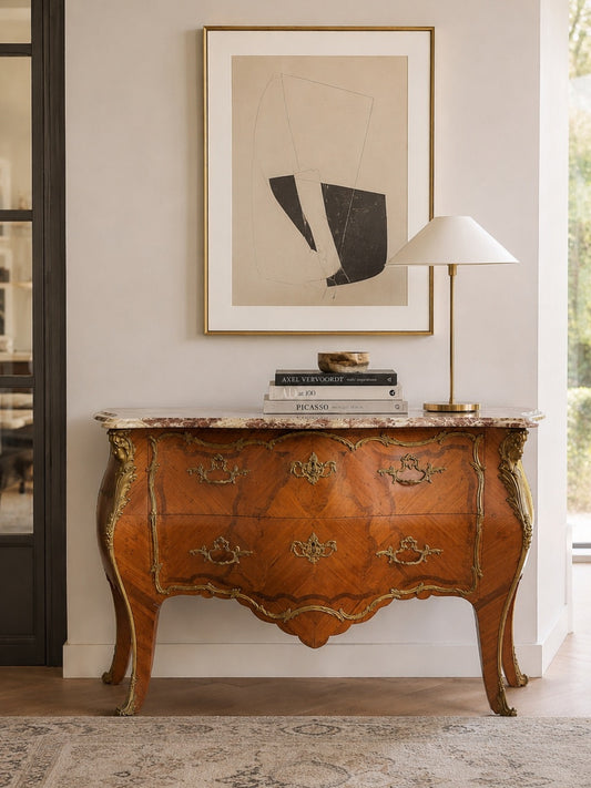 Original French Louis XV Bombe Commode in Kingwood & Satinwood with Marble Top, c. 1755–1775