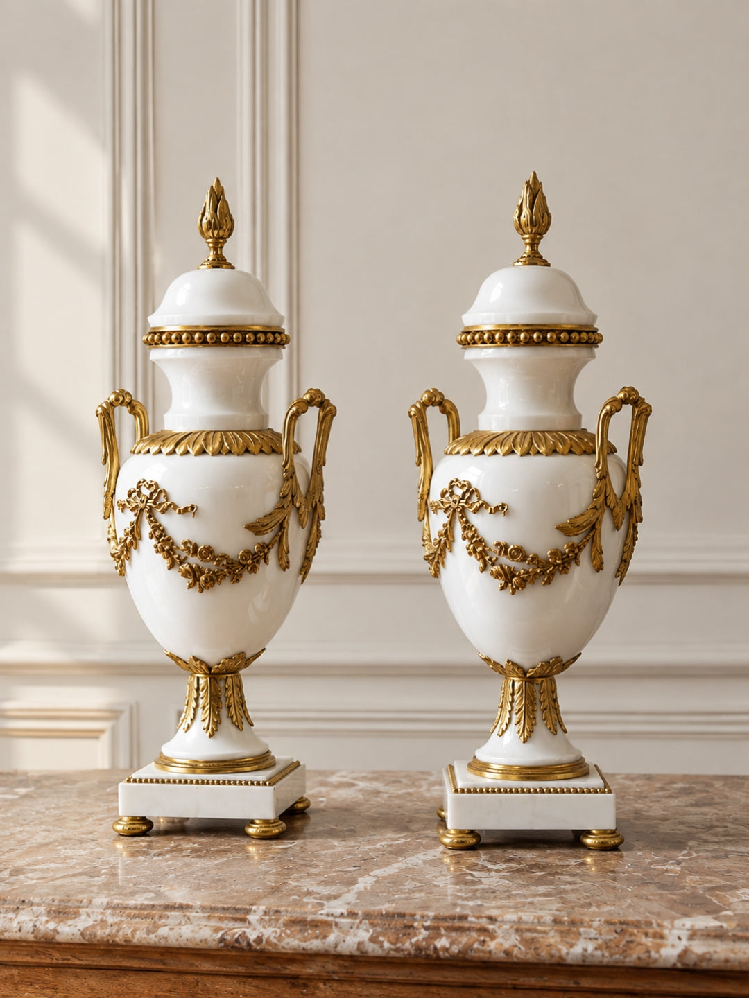 Pair of French Louis XVI Style Marble Cassolettes w/ Ormolu Mounts