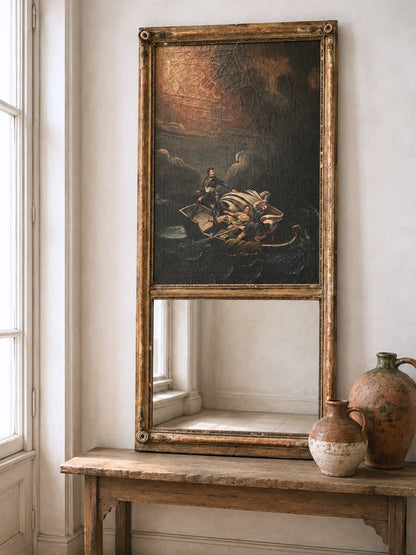 French Trumeau Mirror with Original Maritime Painting early 1800s 