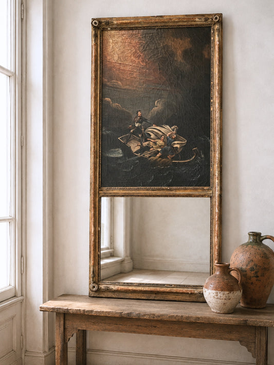 French Trumeau Mirror with Original Maritime Painting early 1800s 