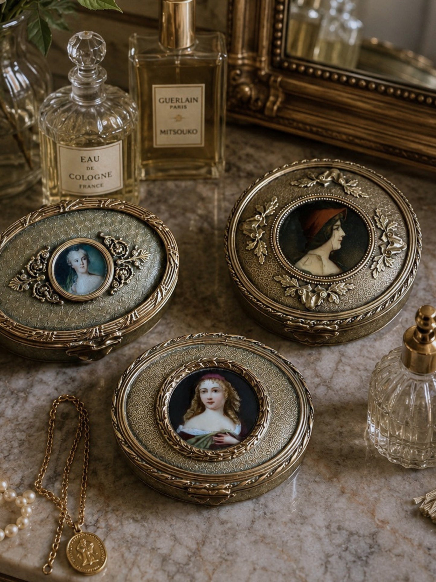Precious French trinket boxes with miniature enamel portraits