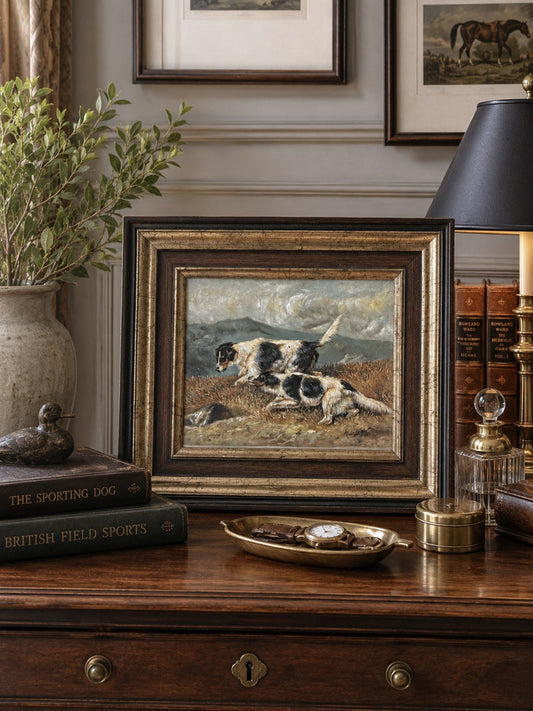 English oil on wood signed painting w/ dogs