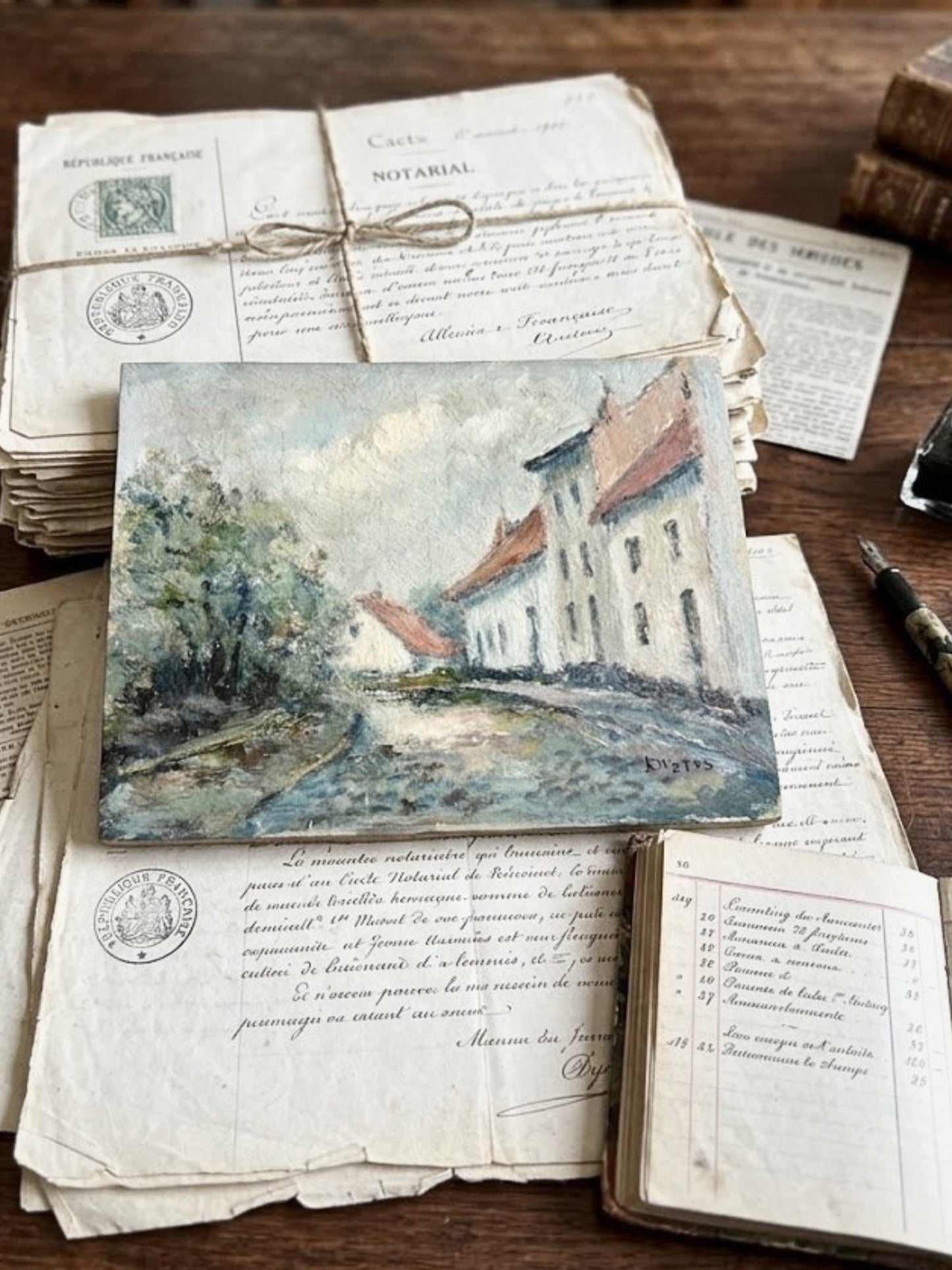 Antique Original French Oil Painting w/ village scene