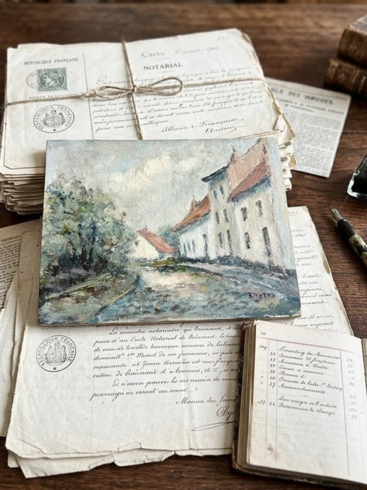Antique Original French Oil Painting w/ village scene