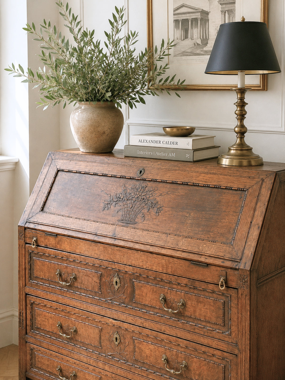 Antique French Louis XVI walnut slant front secretary desk with wood carving