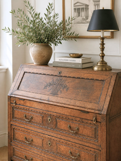 Antique French Louis XVI walnut slant front secretary desk with wood carving