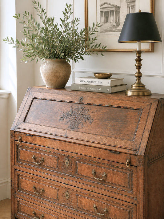 Antique French Louis XVI walnut slant front secretary desk with wood carving