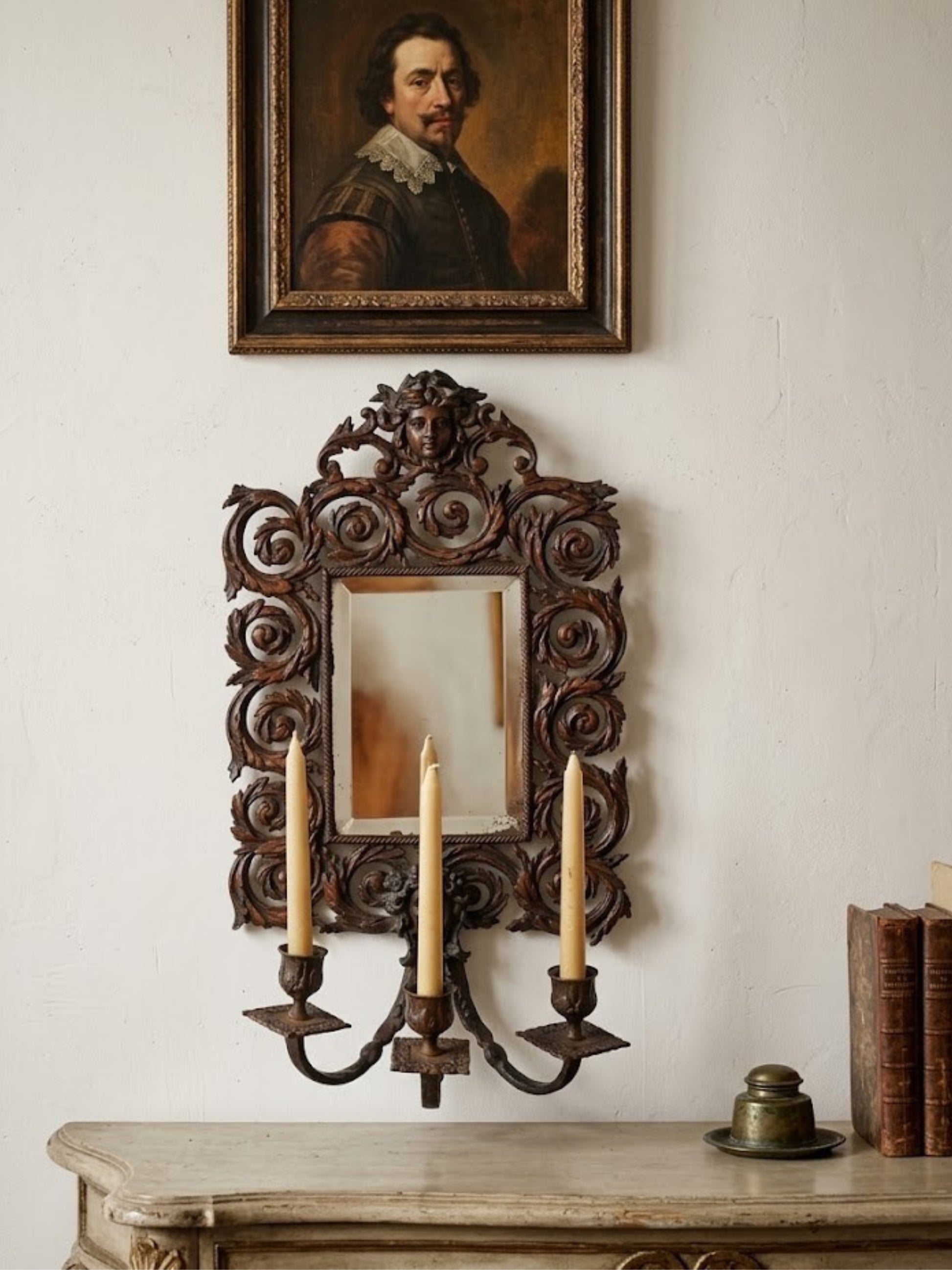 Antique French bronze wall mirror w/ sconces