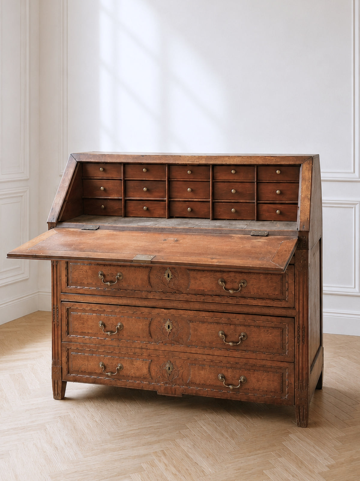 Antique French Louis XVI walnut slant front secretary desk with wood carving