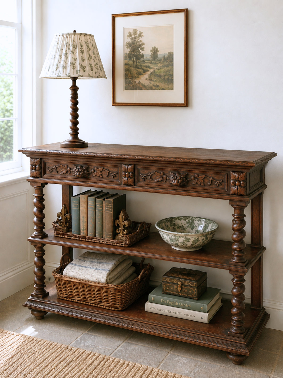French Henri II Oak Server with Marble Top