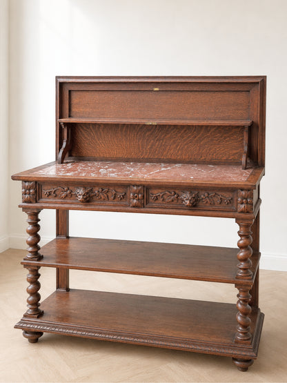French Henri II Oak Server with Marble Top