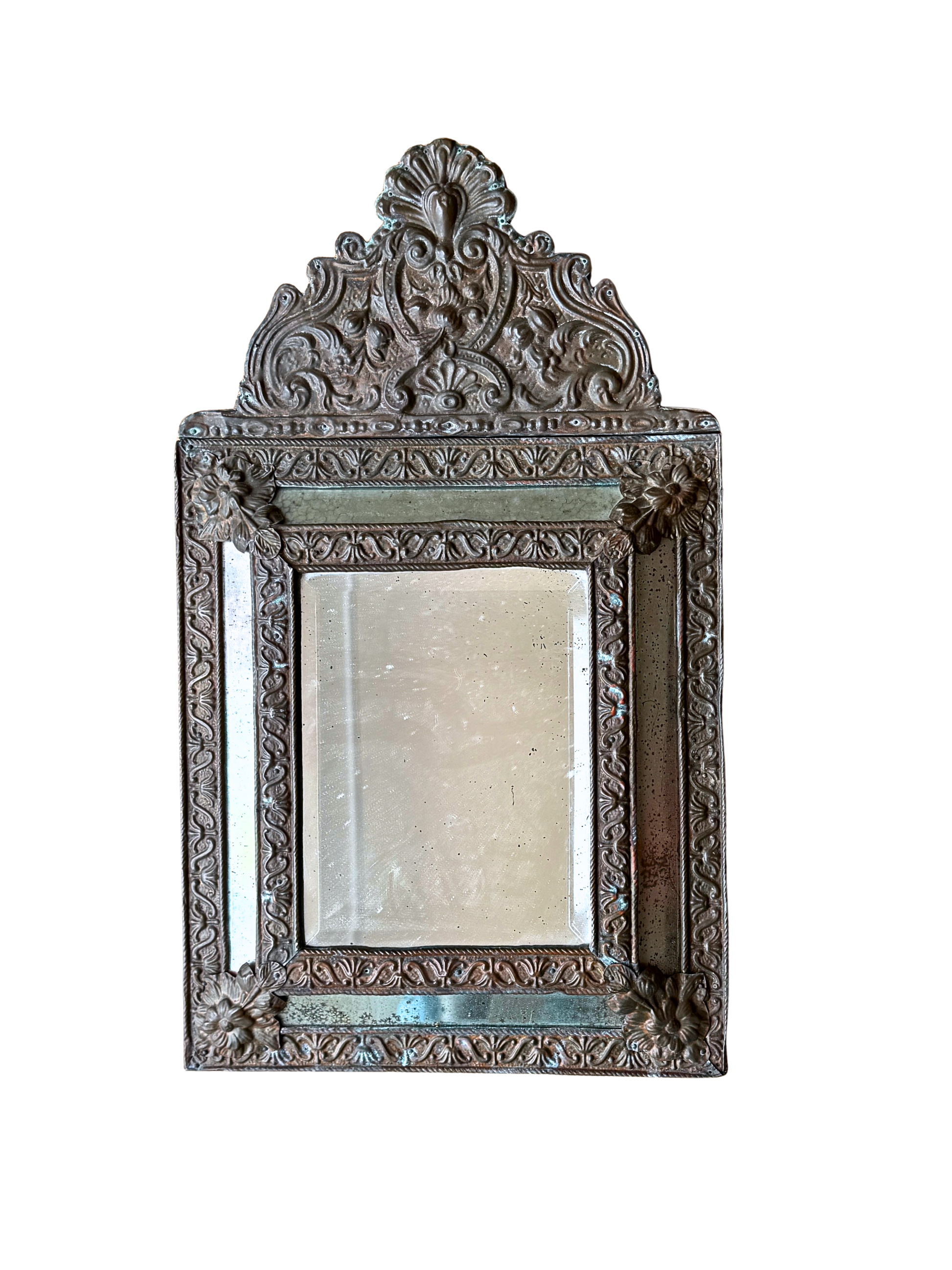 Antique Flemish Baroque mirror w/ ornate metal frame