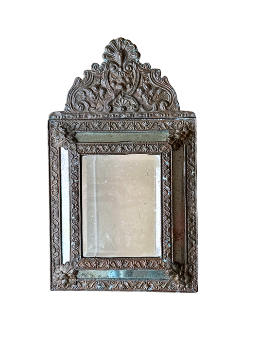 Antique Flemish Baroque mirror w/ ornate metal frame