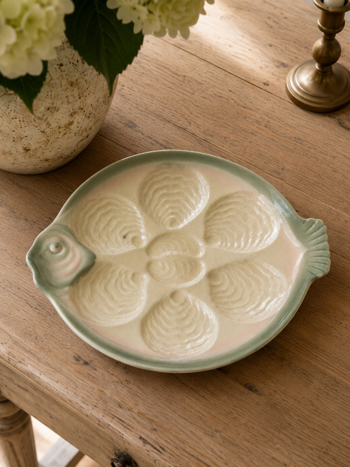 Set of Six French Majolica Oyster Plates in Fish Form