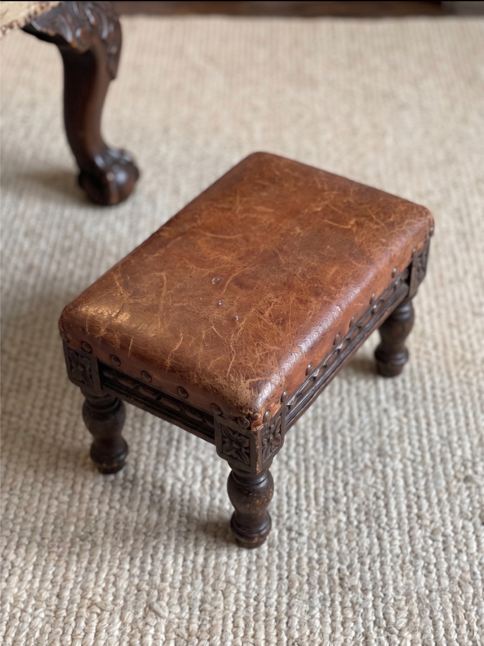 Antique French Henri II Leather Footstool