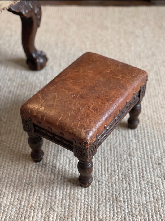 Antique French Henri II Leather Footstool