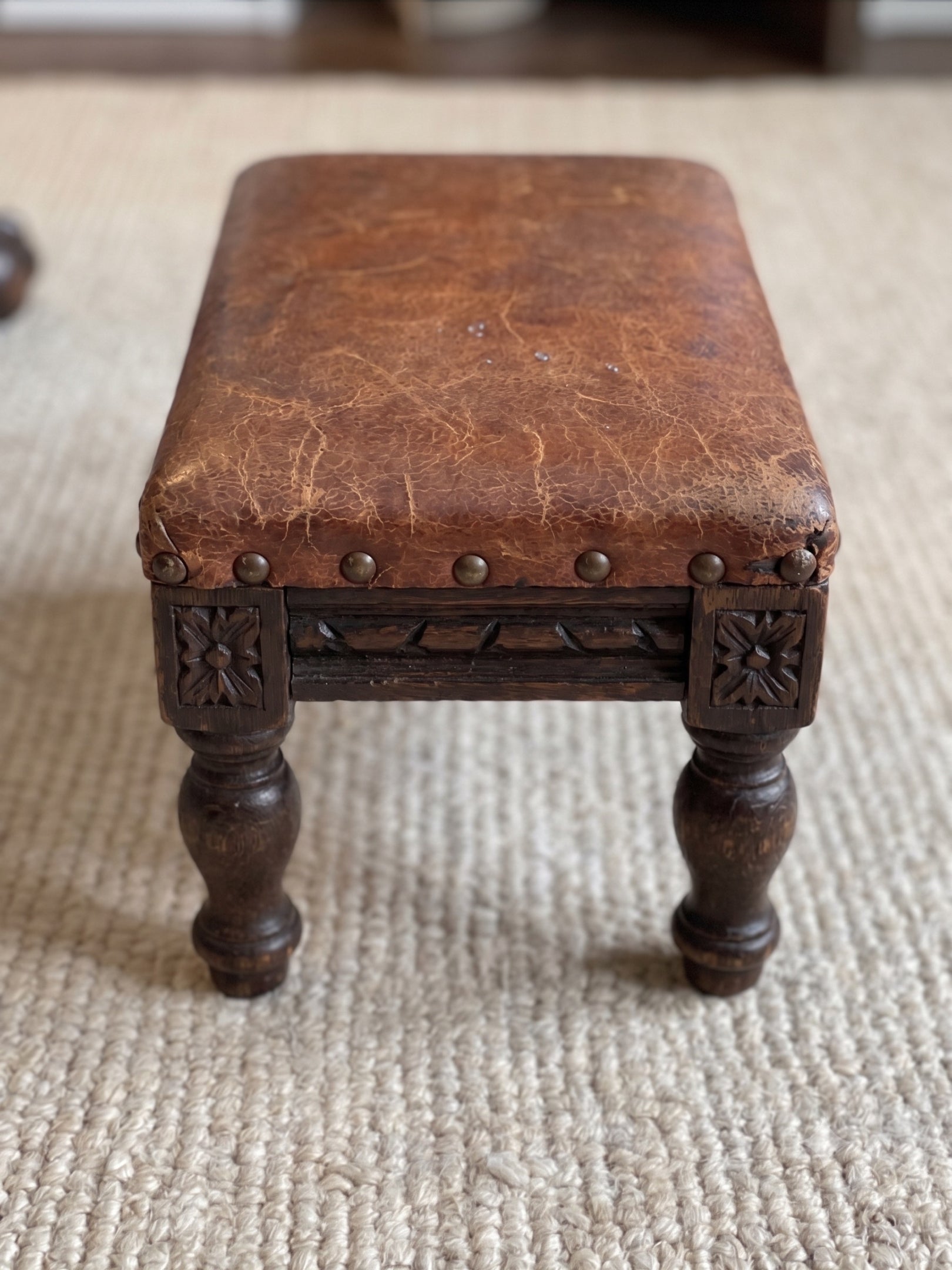 Antique French Henri II Leather Footstool