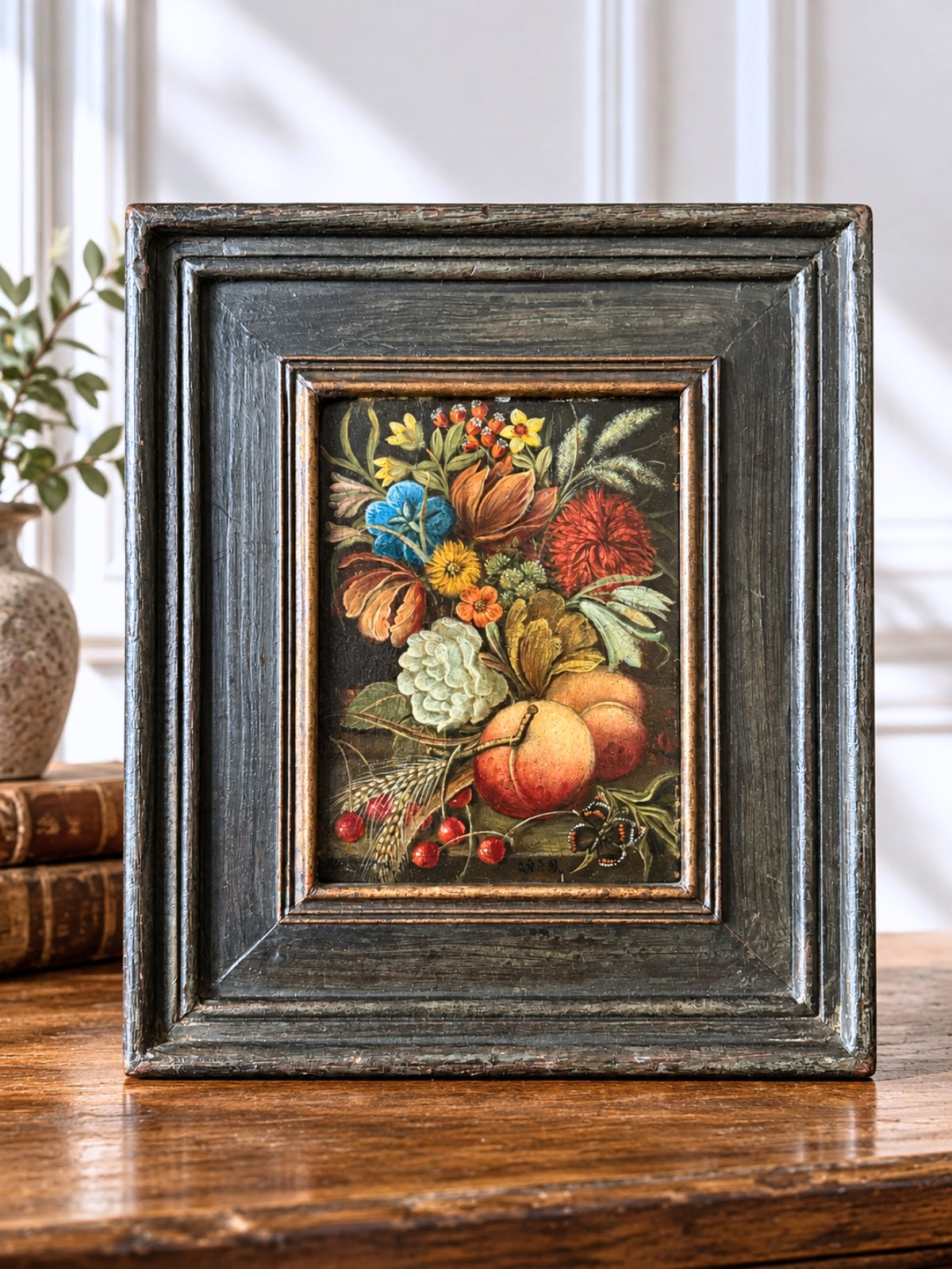 Antique Floral Still Life on Panel, Signed Oil Painting c. 1820-1850