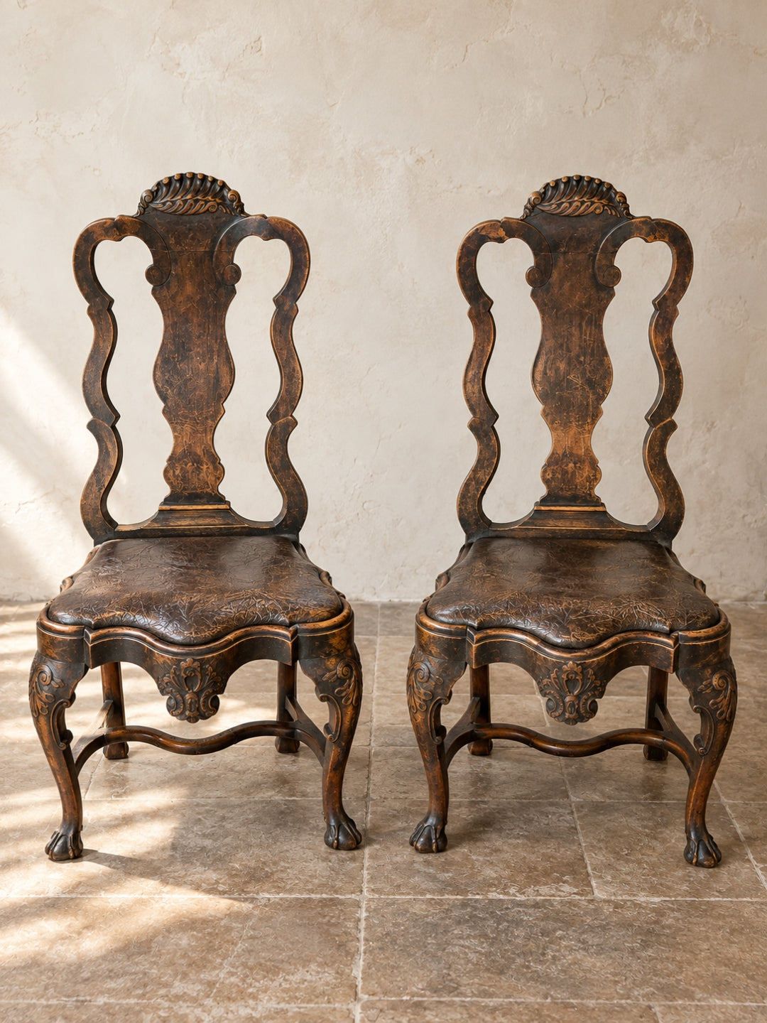 Pair of Belgian Chairs w/ Original Embossed Leather Upholstery