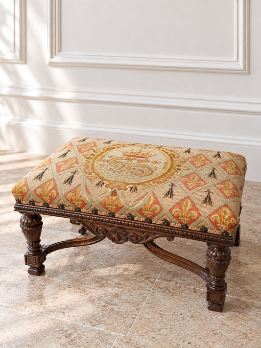 French Renaissance Revival Footstool upholstered in Antique Tapestry