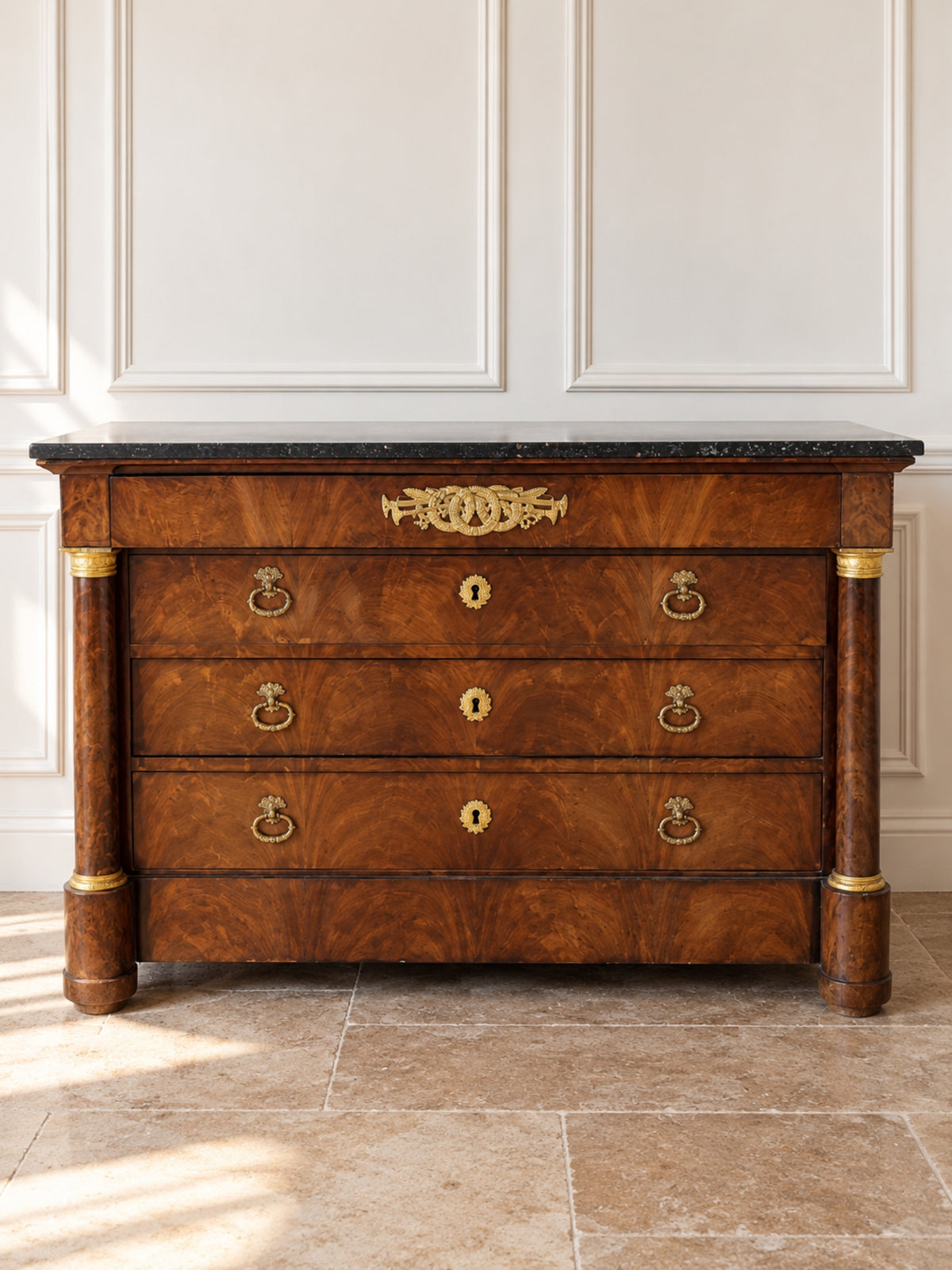 French Empire Mahogany Commode w/ Black Marble Top