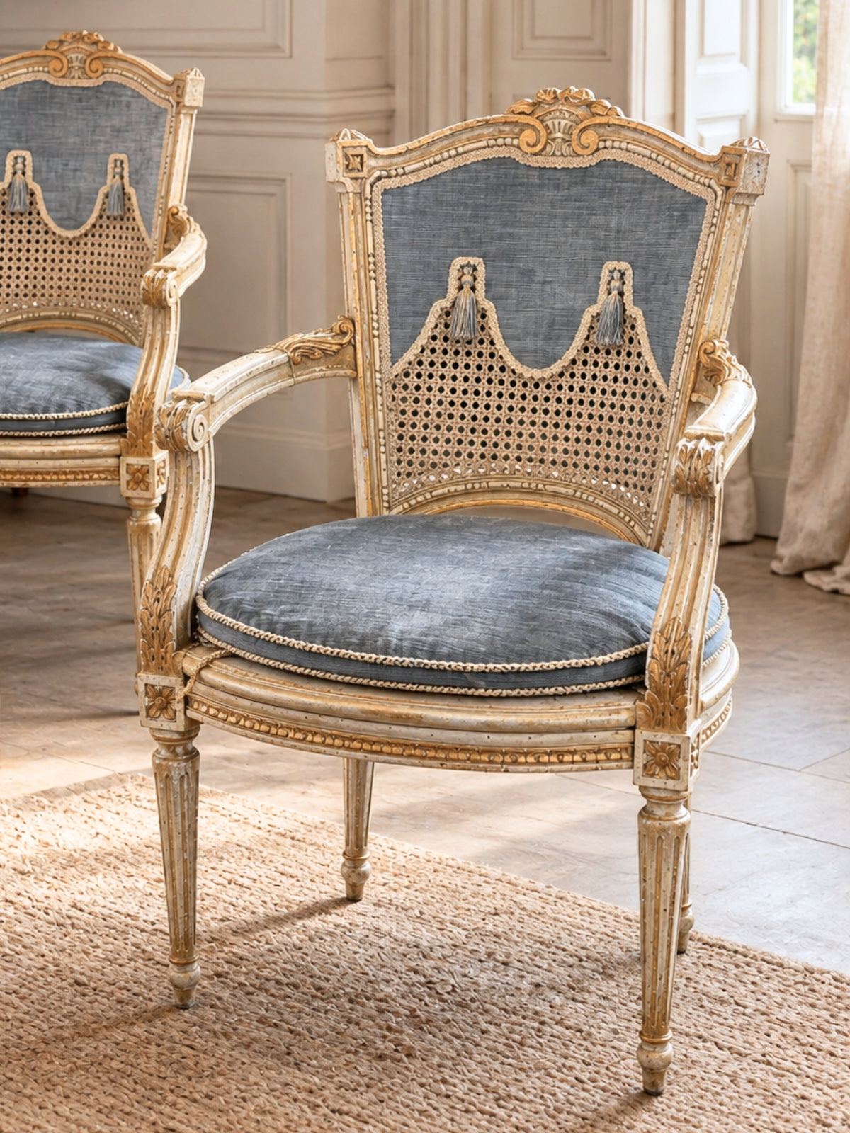 Pair of French Louis XVI style bergère armchairs
