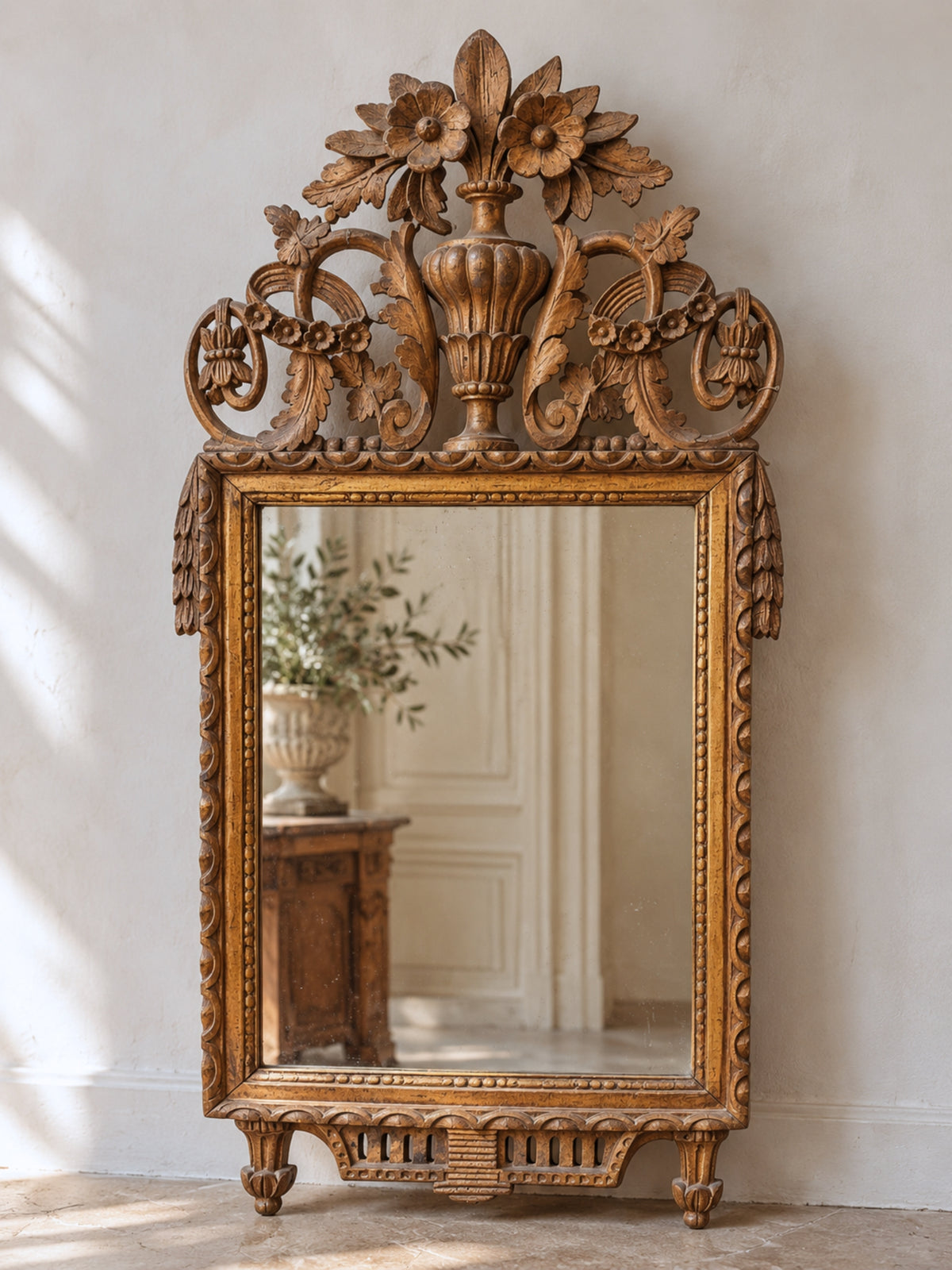 Early Swedish Gustavian Giltwood Mirror w/ Neoclassical Crest