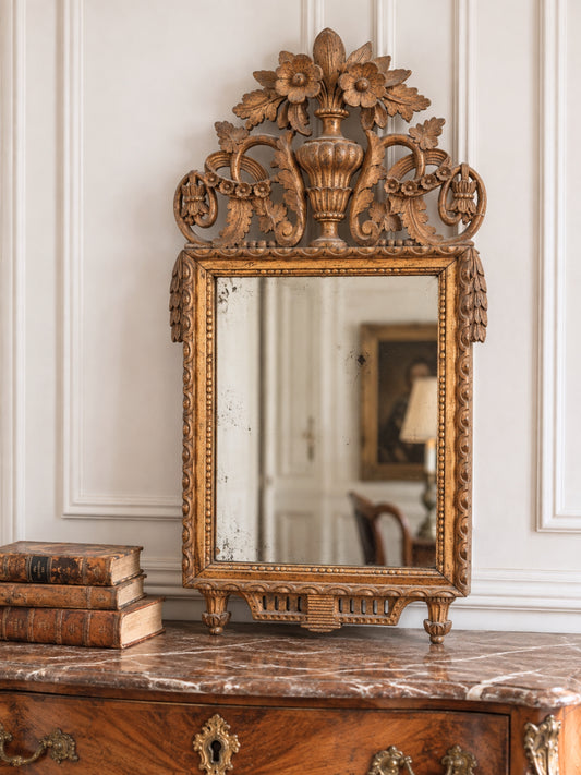 Early Swedish Gustavian Giltwood Mirror w/ Neoclassical Crest