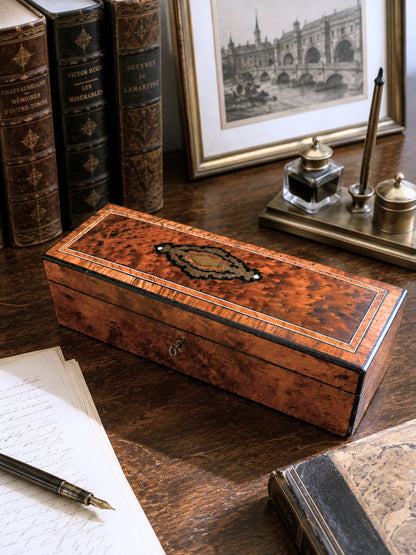 Victorian Burr Walnut Glove Box w/ Original Tufted Silk Interior