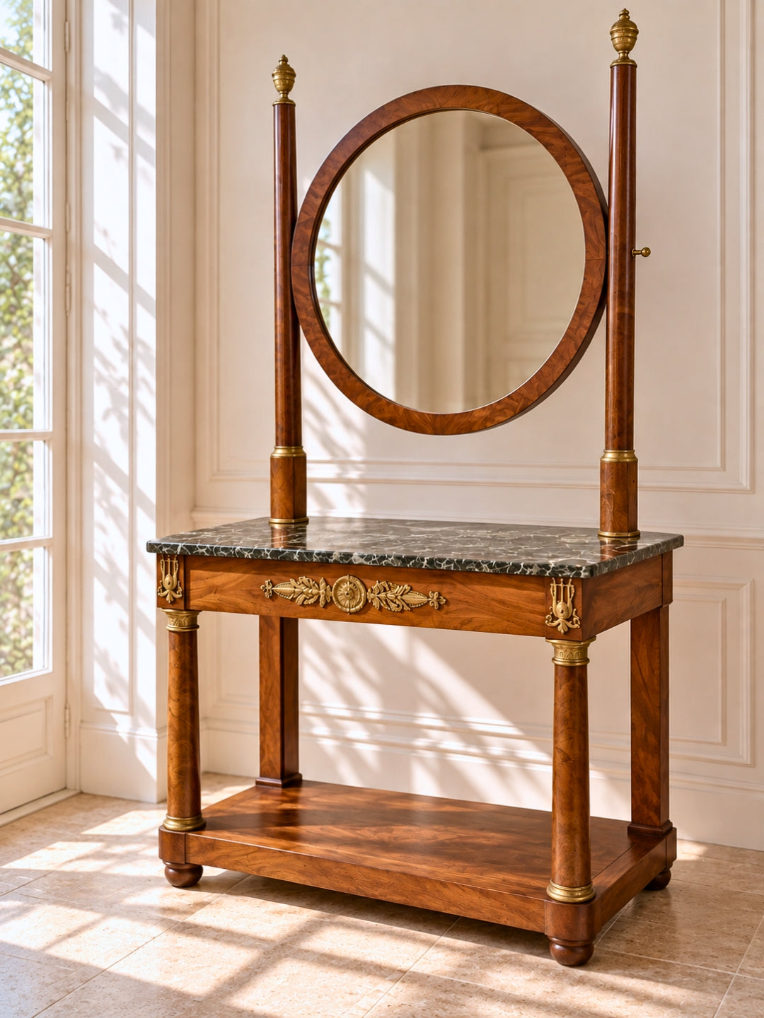 French Empire Mahogany Dressing Table w/ Adjustable Mirror