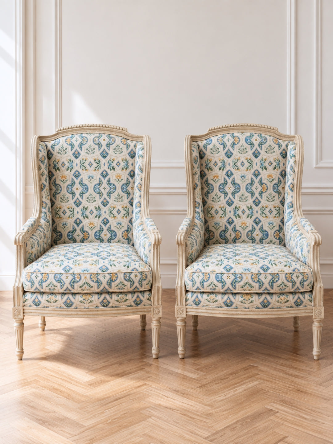 Pair of French Louis XVI Style Painted Bergère Armchairs