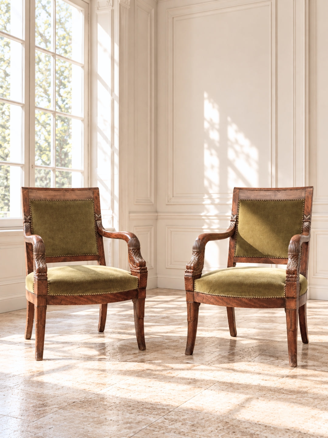 Pair of French Empire Mahogany Armchairs, early 19th Century