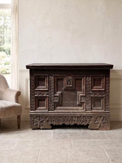 Dated 1749 North German Carved Oak Chest (Kiste) with Original Inscription