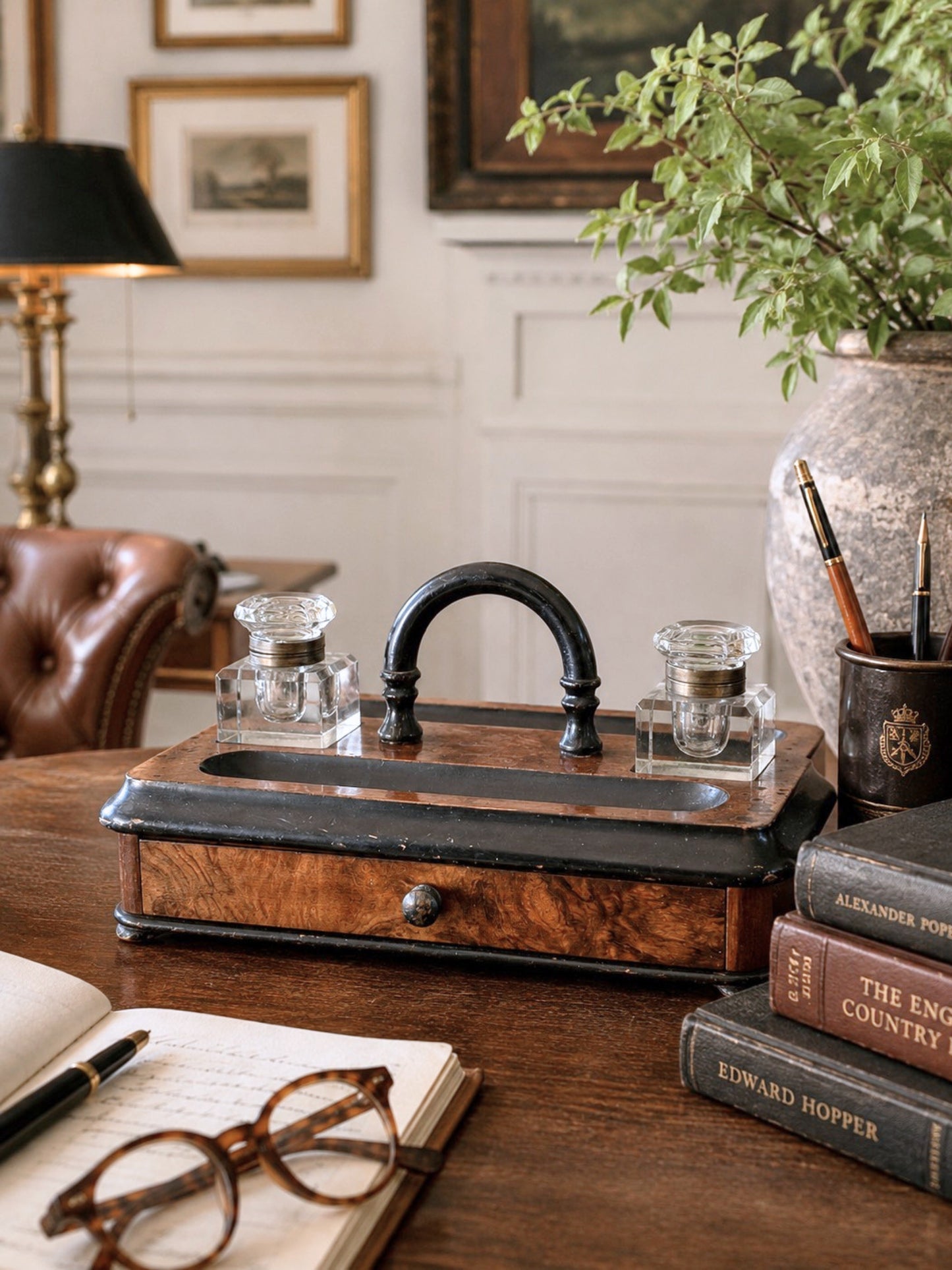 Antique English writing box and inkwell set