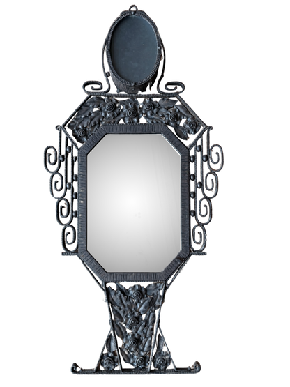 Rare Belgian Art Déco iron mirror w/ lamp