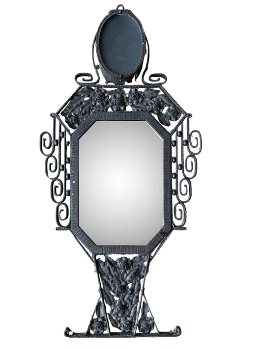 Rare Belgian Art Déco iron mirror w/ lamp